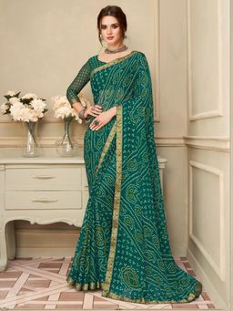 Akhilam - Womens Chiffon Teal Blue Printed Designer Saree with Unstitched Blouse