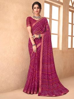 Akhilam - Womens Chiffon Magenta Printed Designer Saree with Unstitched Blouse