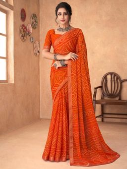 Akhilam - Womens Chiffon Orange Printed Designer Saree with Unstitched Blouse
