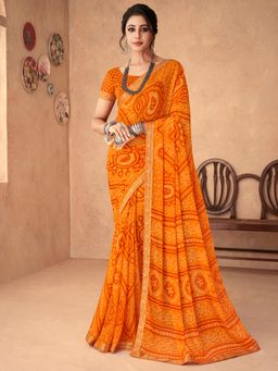 Akhilam - Womens Chiffon Yellow Printed Designer Saree with Unstitched Blouse