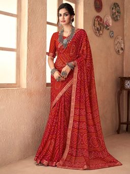 Akhilam - Womens Chiffon Red Printed Designer Saree with Unstitched Blouse