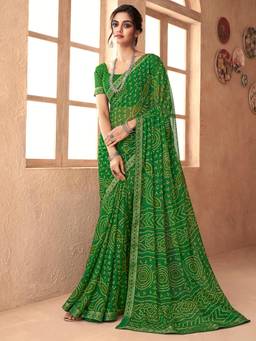 Akhilam - Womens Chiffon Green Printed Designer Saree with Unstitched Blouse