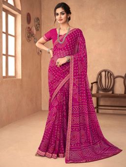 Akhilam - Womens Chiffon Pink Printed Designer Saree with Unstitched Blouse