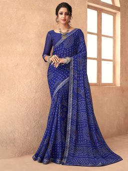 Akhilam - Womens Chiffon Blue Printed Designer Saree with Unstitched Blouse