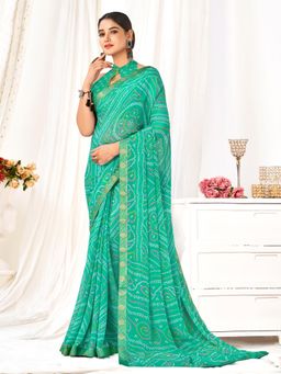 Akhilam - Womens Chiffon Turquoise Printed Designer Saree with Unstitched Blouse