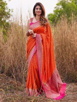 Akhilam - Womens Silk Blend Orange Woven Designer Saree with Unstitched Blouse