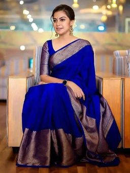 Akhilam - Womens Silk Blend Blue Woven Designer Saree with Unstitched Blouse