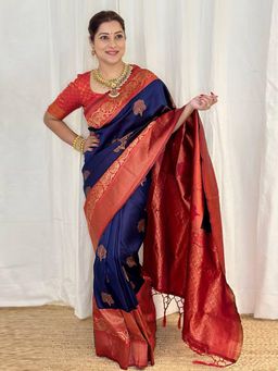 Akhilam - Womens Silk Blend Navy Blue Woven Designer Saree with Unstitched Blouse