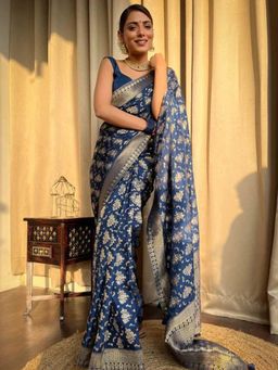 Akhilam - Womens Silk Blend Navy Blue Woven Designer Saree with Unstitched Blouse