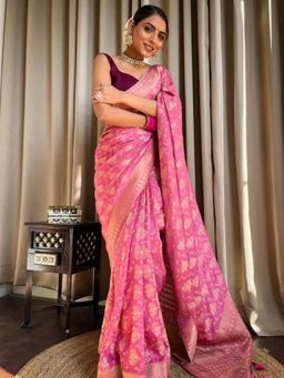 Akhilam - Womens Silk Blend Pink Woven Designer Saree with Unstitched Blouse