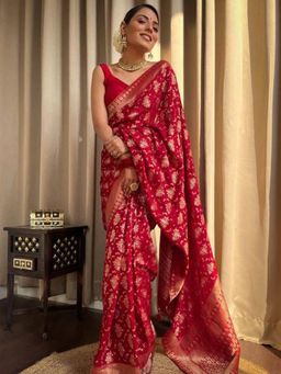 Akhilam - Womens Silk Blend Red Woven Designer Saree with Unstitched Blouse