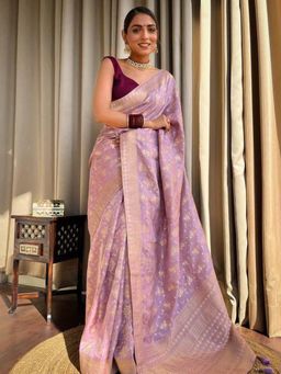 Akhilam - Womens Silk Blend Mauve Woven Designer Saree with Unstitched Blouse