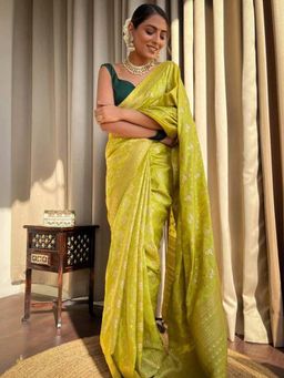 Akhilam - Womens Silk Blend Lime Green Woven Designer Saree with Unstitched Blouse