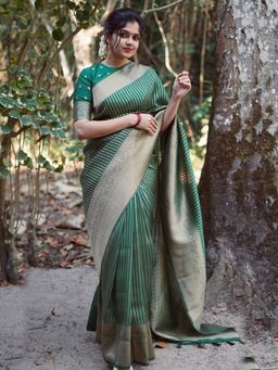 Akhilam - Womens Silk Blend Teal Green Woven Designer Saree with Unstitched Blouse
