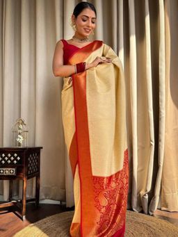 Akhilam - Womens Silk Blend Cream Woven Designer Saree with Unstitched Blouse