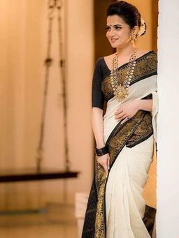 Akhilam - Womens Silk Blend Off White Woven Designer Saree with Unstitched Blouse