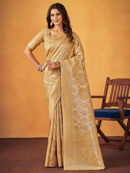 Akhilam - Womens Cotton Beige Woven Designer Saree with Unstitched Blouse