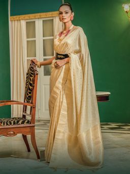 Akhilam - Womens Silk Blend Beige Woven Designer Saree with Unstitched Blouse