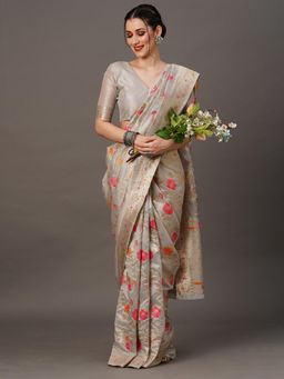 Akhilam - Womens Organza Grey Woven Designer Saree with Unstitched Blouse