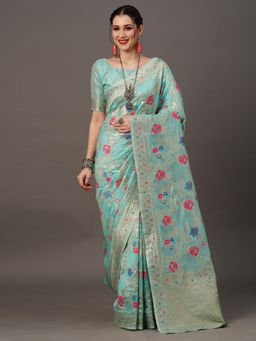 Akhilam - Womens Organza Blue Woven Designer Saree with Unstitched Blouse