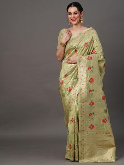 Akhilam - Womens Organza Green Woven Designer Saree with Unstitched Blouse