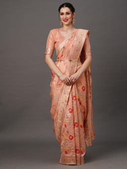 Akhilam - Womens Organza Peach Woven Designer Saree with Unstitched Blouse