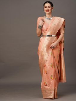 Sareemall - Womens Organza Peach Woven Designer Saree with Unstitched Blouse