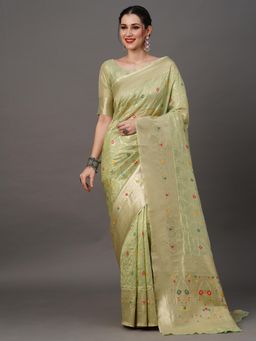 Akhilam - Womens Organza Green Woven Designer Saree with Unstitched Blouse