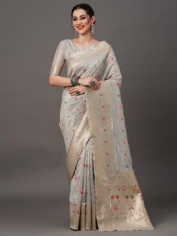 Akhilam - Womens Organza Grey Woven Designer Saree with Unstitched Blouse