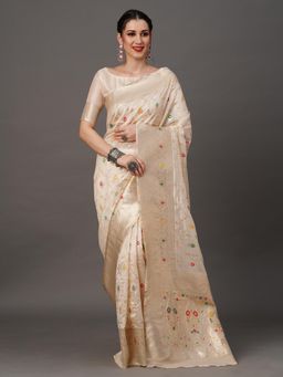 Akhilam - Womens Organza Cream Woven Designer Saree with Unstitched Blouse