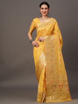 Akhilam - Womens Organza Yellow Woven Designer Saree with Unstitched Blouse