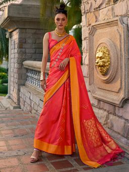 Akhilam - Womens Silk Blend Orange Woven Designer Saree with Unstitched Blouse