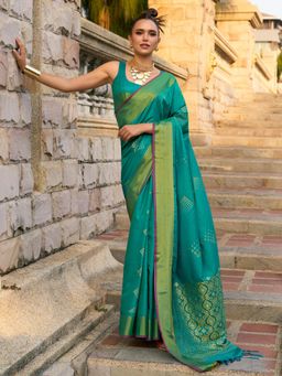 Akhilam - Womens Silk Blend Teal Blue Woven Designer Saree with Unstitched Blouse