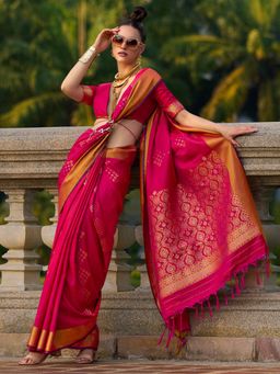 Akhilam - Womens Silk Blend Pink Woven Designer Saree with Unstitched Blouse
