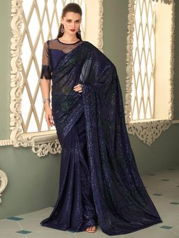 Akhilam - Womens Georgette Navy Blue Embellished Celebrity Saree with Unstitched Blouse