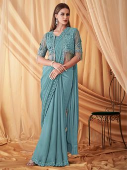 Akhilam - Womens Georgette Teal Blue Embellished Designer Saree with Unstitched Blouse
