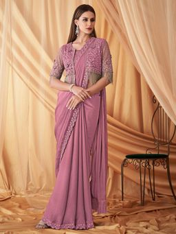 Akhilam - Womens Georgette Mauve Embellished Designer Saree with Unstitched Blouse