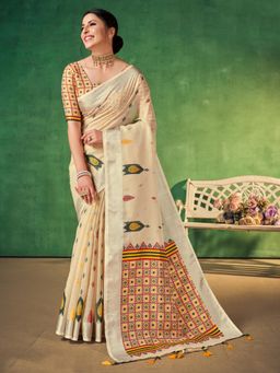 Akhilam - Womens Linen Blend Cream Woven Designer Saree with Unstitched Blouse