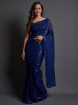 Akhilam - Womens Georgette Blue Embellished Designer Saree with Unstitched Blouse