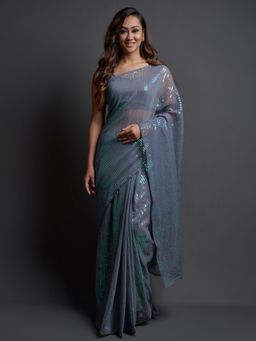 Akhilam - Womens Georgette Grey Embellished Designer Saree with Unstitched Blouse