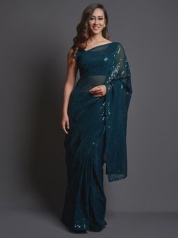 Akhilam - Womens Georgette Teal Blue Embellished Designer Saree with Unstitched Blouse