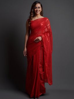 Akhilam - Womens Georgette Red Embellished Designer Saree with Unstitched Blouse