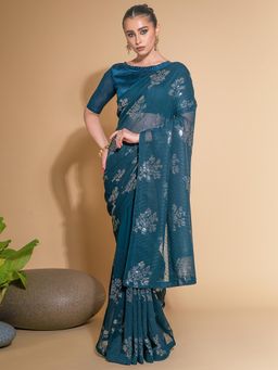 Akhilam - Womens Georgette Teal Blue Embellished Designer Saree with Unstitched Blouse