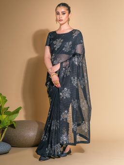 Akhilam - Womens Georgette Black Embellished Designer Saree with Unstitched Blouse