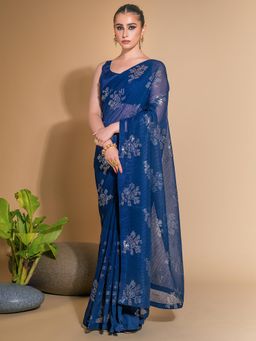 Akhilam - Womens Georgette Blue Embellished Designer Saree with Unstitched Blouse