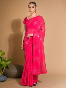 Akhilam - Womens Georgette Pink Embellished Designer Saree with Unstitched Blouse