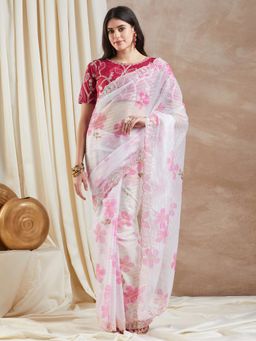 Sareemall - Womens Organza Pink Embellished Designer Saree with Unstitched Blouse