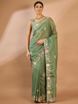 Sareemall - Womens Organza Sea Green Embellished Designer Saree with Unstitched Blouse