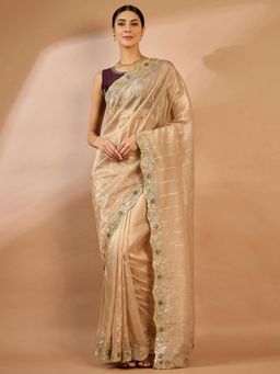 Sareemall - Womens Organza Beige Embellished Designer Saree with Unstitched Blouse