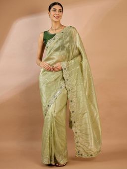 Sareemall - Womens Organza Light Green Embellished Designer Saree with Unstitched Blouse